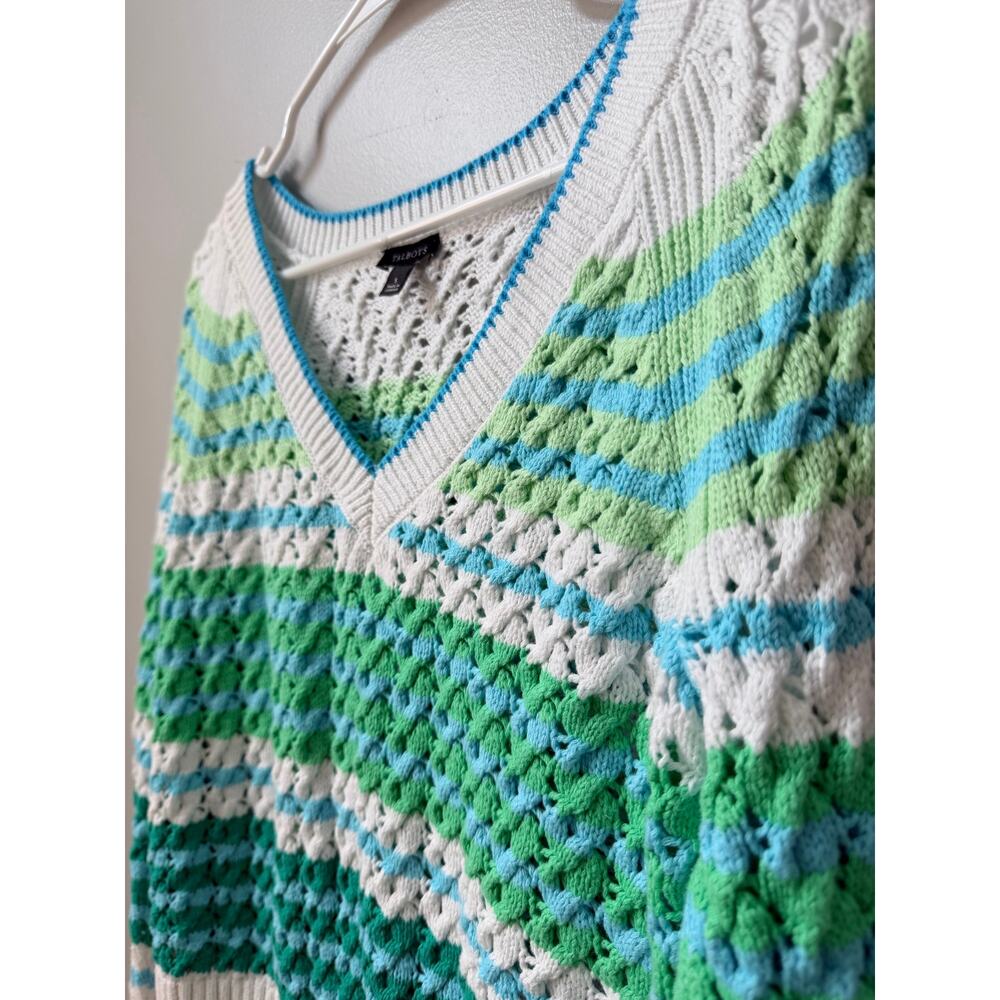 Talbots Cotton Pointelle Open Knit Striped Sweater Women's Small S Blue Green - Picture 5 of 8